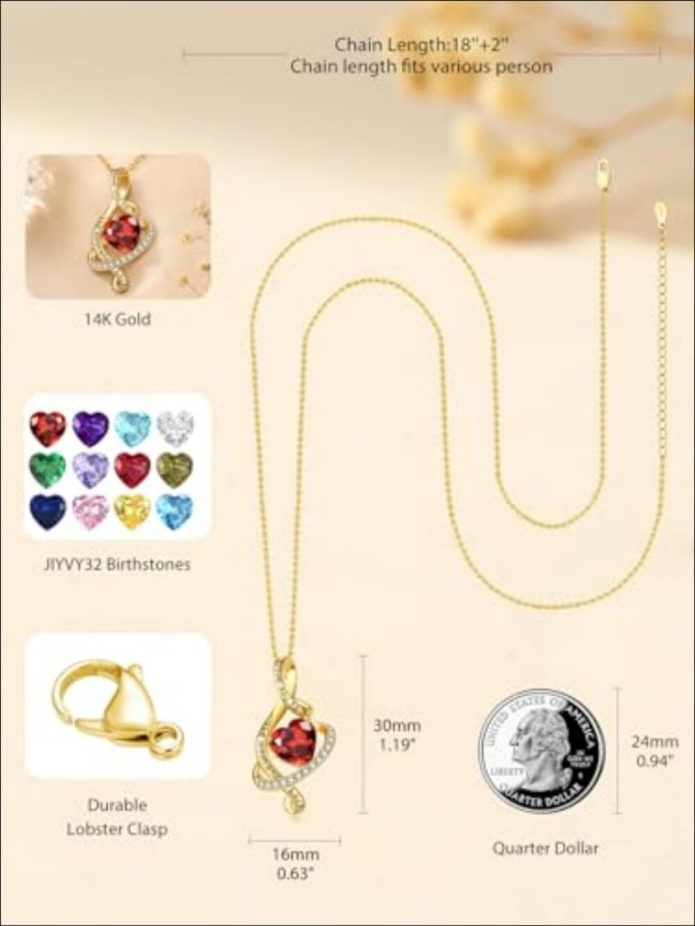 14K Gold Plated Heart Pendant Necklace Adjustable 18+2" Gift for Her - Picture 3 of 6